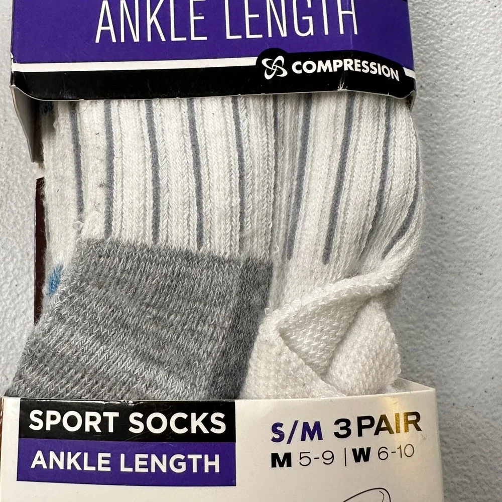 Copper Fit Sport Socks Ankle Compression White Grey Blue 3-Pair Pack S/M 5-9